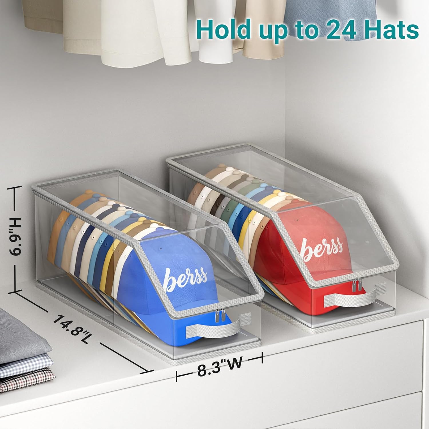 2PCS Stackable Hat Storage for Baseball Caps, Clear Hat Organizer for Closet Holds up to 24 Caps, Men‘s Hat Box Display with Cardboard (Grey) — image 2