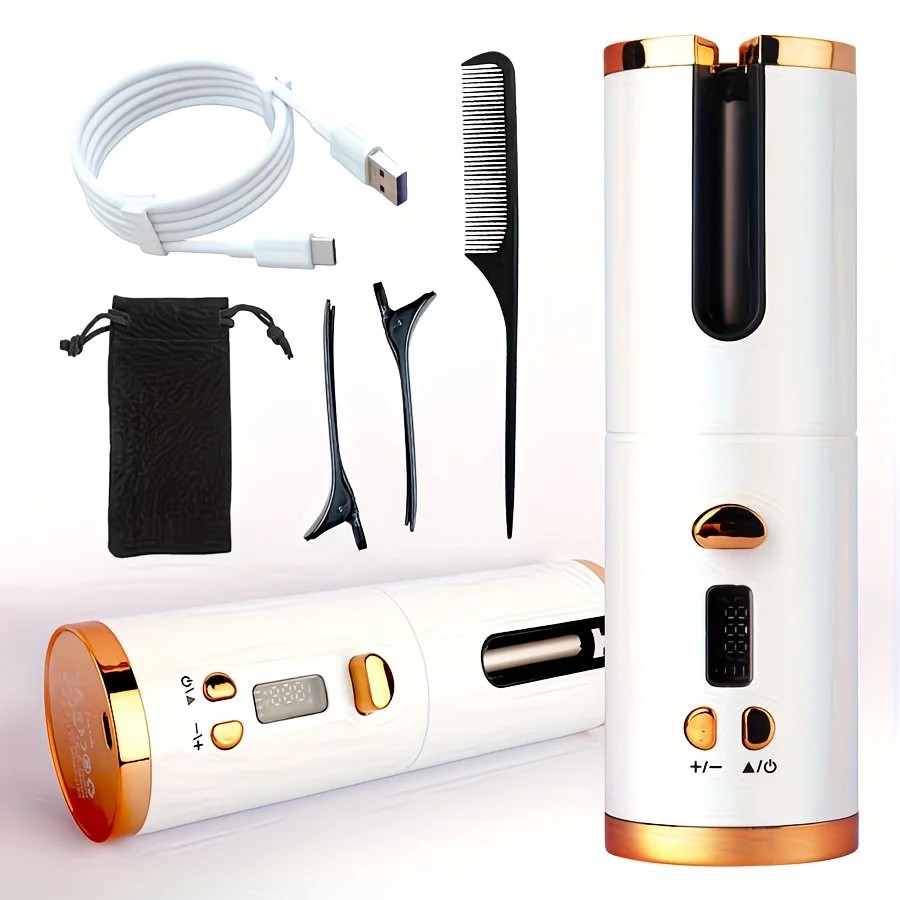 WHITE.Automatic Hair Curling Wand, Tangle-Free Design, Portable USB Charging Rotating Curling Iron with Ceramic Barrel, Suitable for Long Hair, Fast, Ideal for