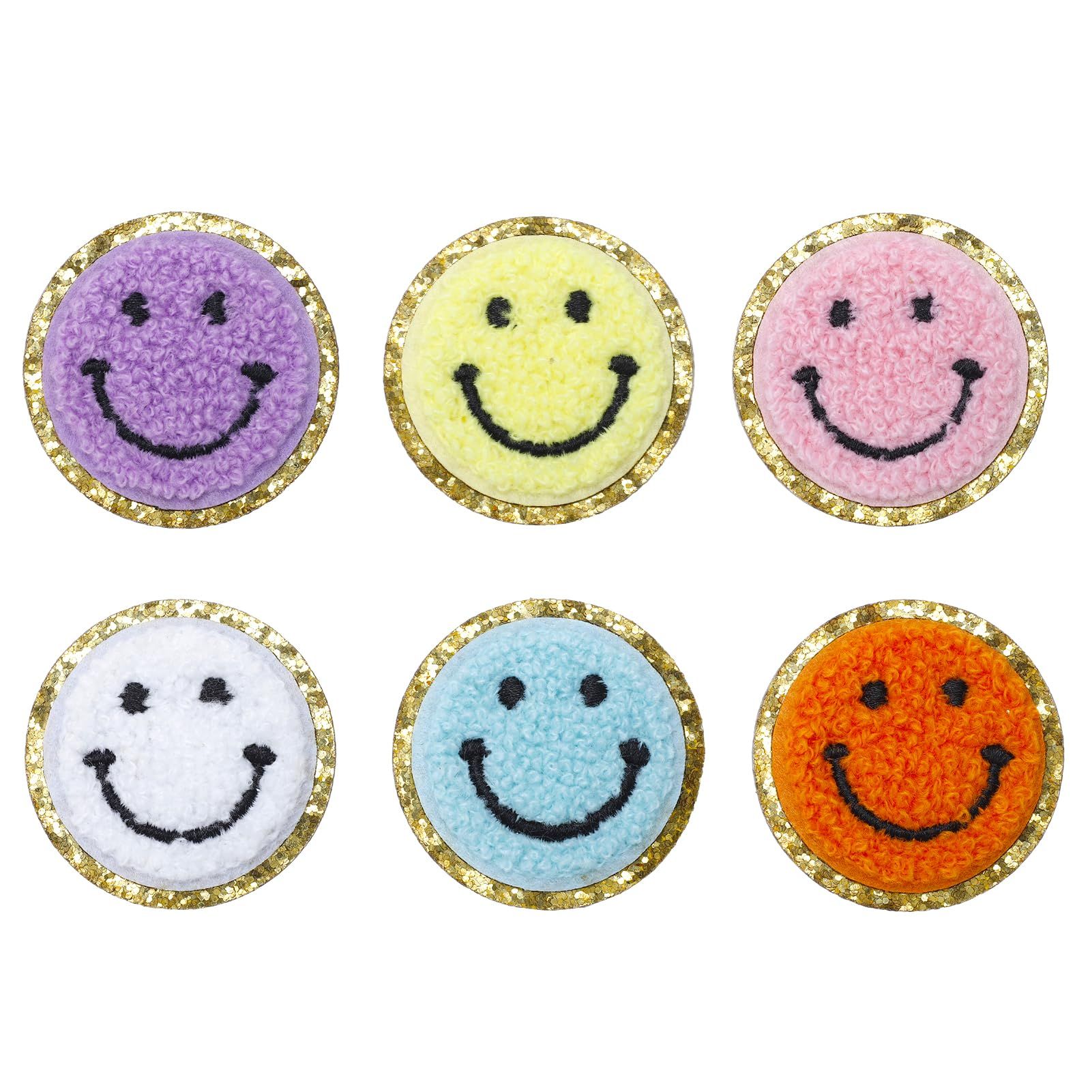 6pc Embroidered Patches Colorful Smile Face Self Adhesive Chenille Gold Glitters Sticker Sew on for Cothing Jackets Jeans