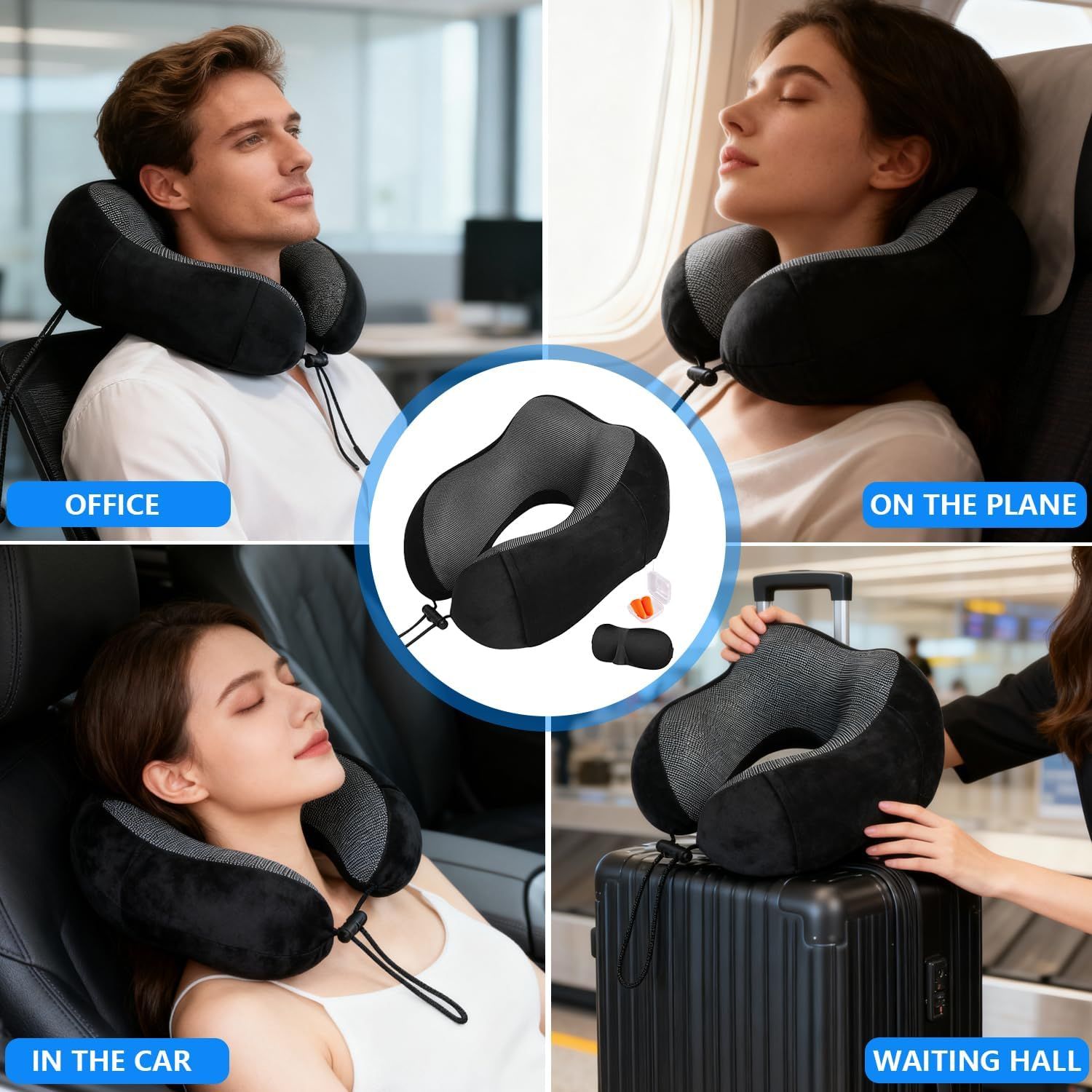 Memory Foam Travel Neck Pillow with Adjustable Buckle, Washable Cover, Eye Mask and Earplugs for Flights, Car Trips and Office Use, Black and Grey โ image 4