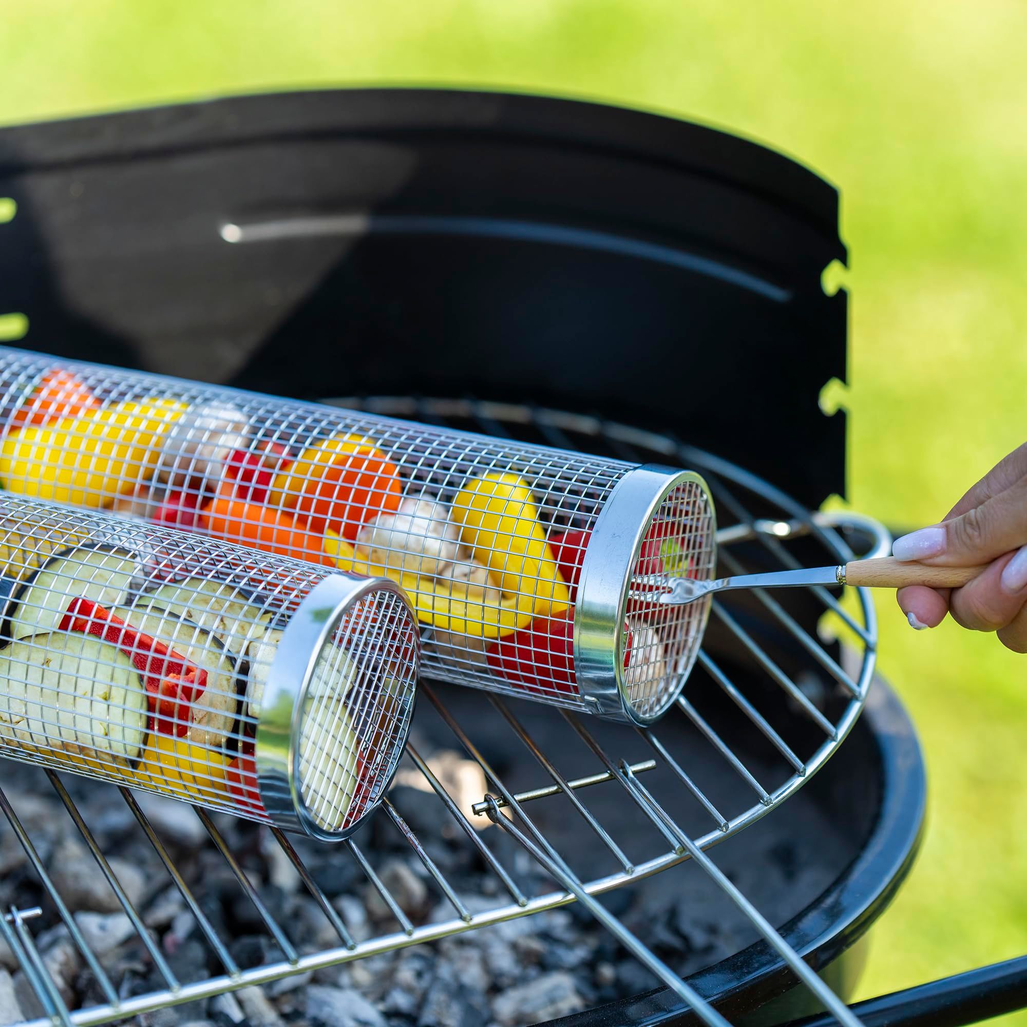 2PCS Rolling Grill Baskets for Outdoor Grill, Egg Accessories-Set Includes Fork, Hook, and Oil Brush-304g Stainless Steel-Perfect Gifts for Dad, Camping Must — image 3