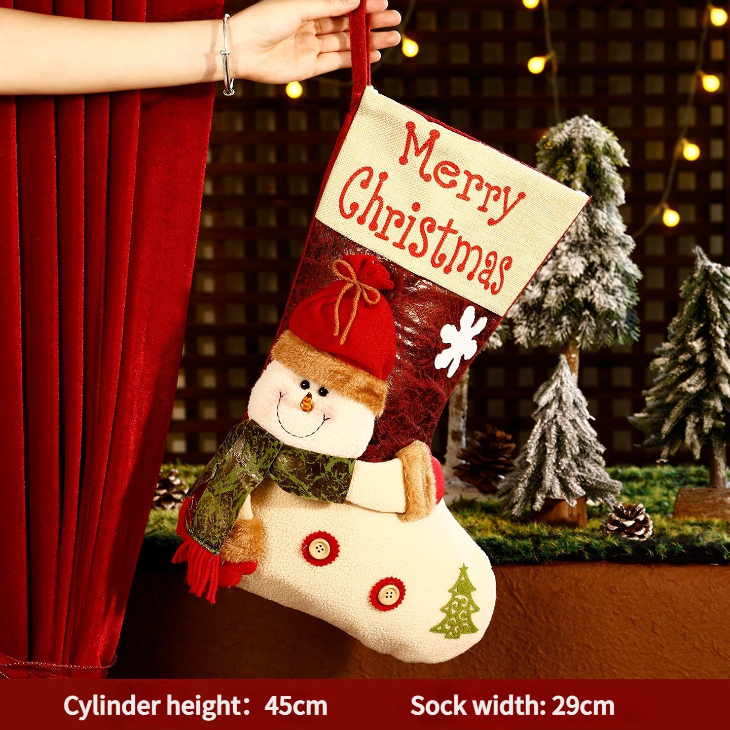 Fluffy plush fabric, 3D appliqués, full of festive charm. Height 45-47cm, holds candies and gifts, decorates Christmas trees and fireplaces, filling the room