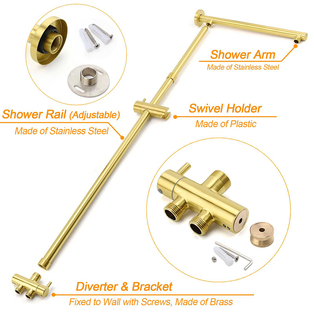 WELS Brushed Gold Shower 8" Round Head Stainless Steel Handheld Rose Sliding Rail Mixer Dual Set โ image 4