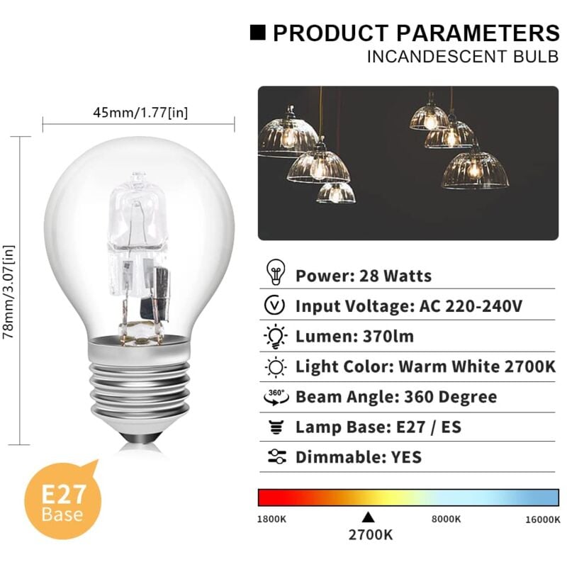 E27 Halogen Bulbs 6-Pack, 28W G45 Dimmable Warm White 2700K Golf Ball Clear Blub, Compatible with Chandeliers — image 3