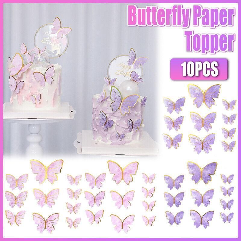 10Pcs Butterfly Paper Toppers Happy Birthday Cake & Festival Theme Decor - Pink Stripe โ image 2