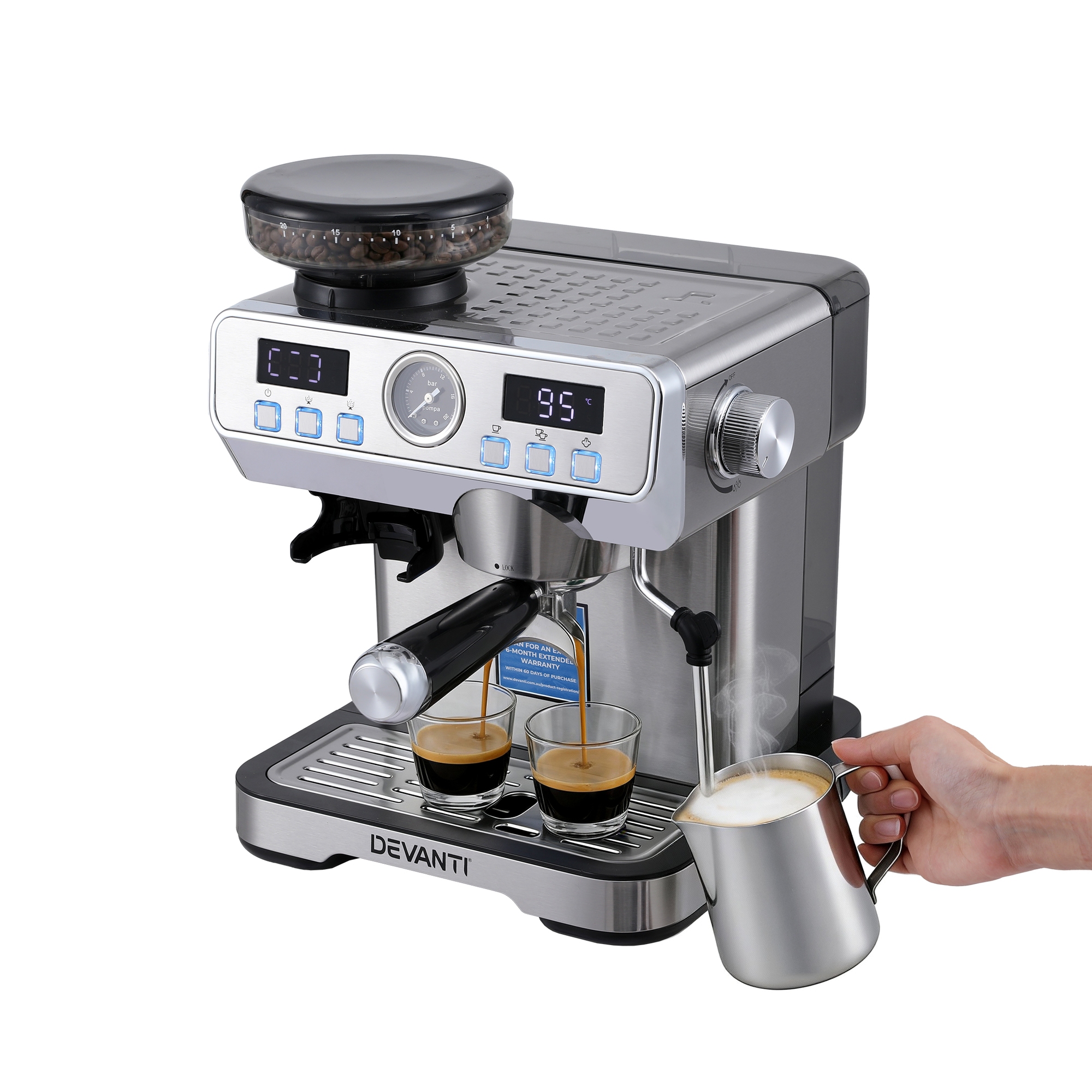 Devanti Coffee Machine Espresso Latte Maker with Grinder Milk Frother Steam Wand — image 3