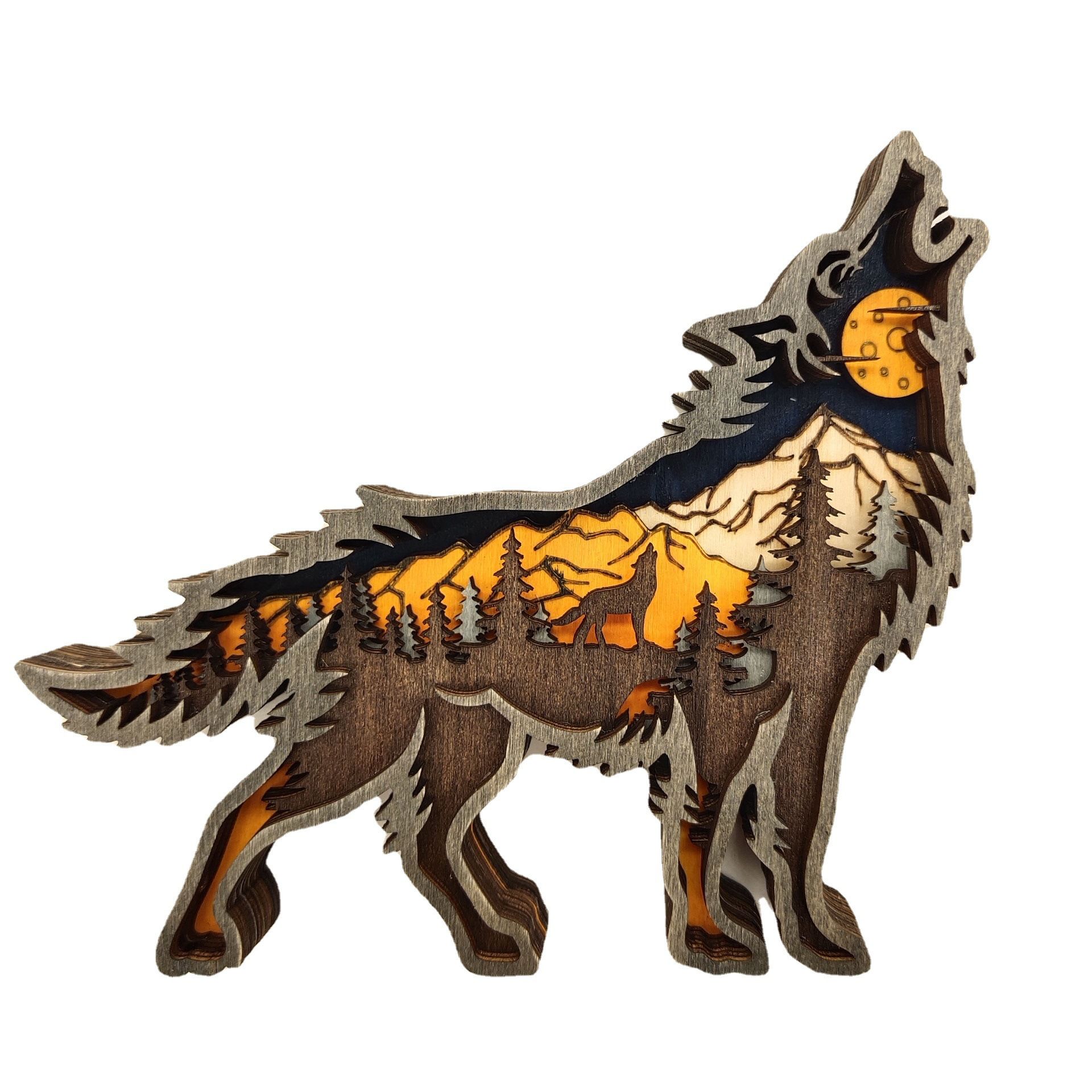 Wooden Wolf Decor with Light, Forest Animals Table Decor, Rustic Decor Wall Decorations for Bedroom Living Room Table Decorative