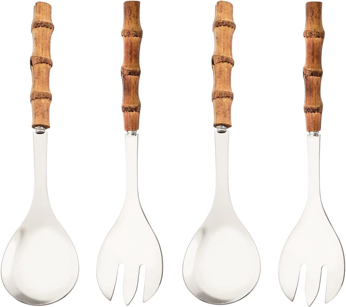 Cutlery set - including spoon and fork - made of 304 stainless steel - with natural bamboo handles, 25 cm long - suitable for kitchens, parties, buffets, etc