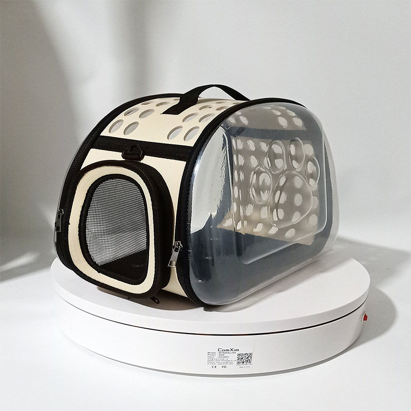 Beige Foldable Breathable Pet Carrier with Panoramic Window & Strap - EVA & Lychee Leather Crossbody Travel Bag (S 35 × 20 × 22CM)