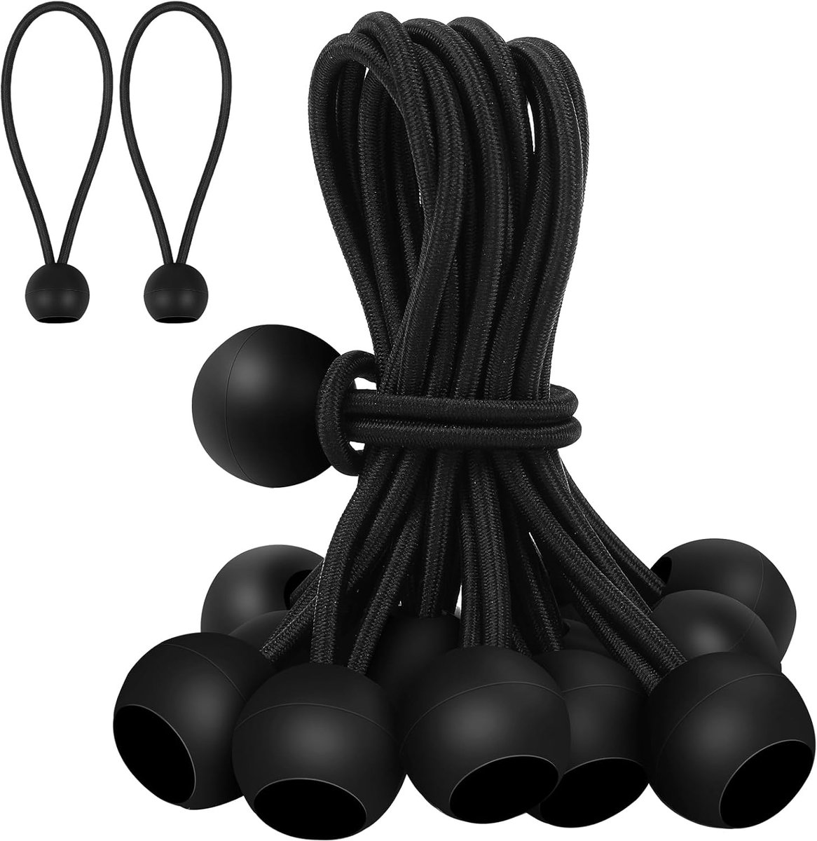 30 elastic cords, 10 cm long - with ball joints - black - sturdy rubber tensioners - for securing tarpaulins, camping tents, luggage cables, and awnings