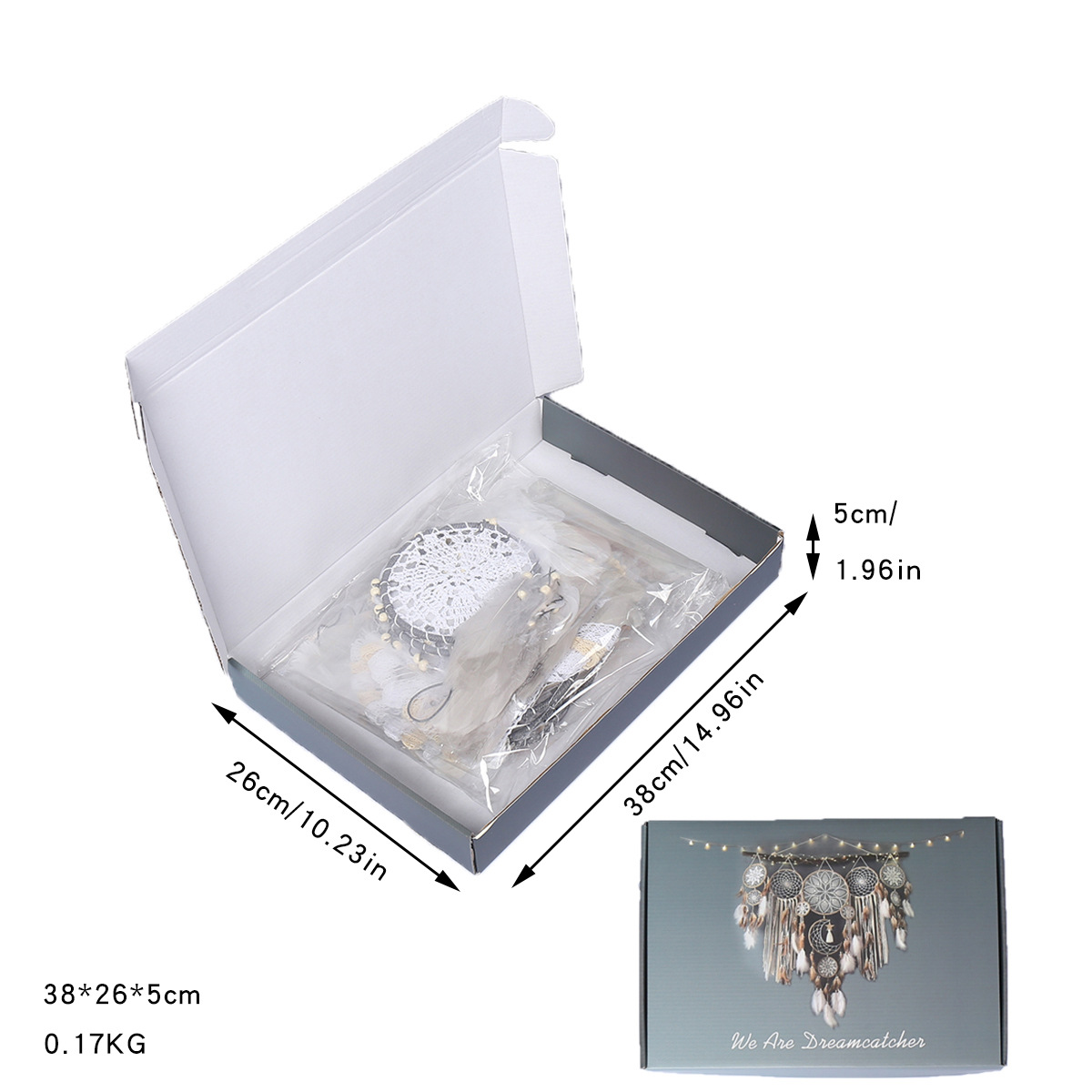 5-Piece Bohemian Handmade Dreamcatcher Wall Hanging Set (Grey) - Nordic Style Feather Room Decor with Premium Gift Box — image 2