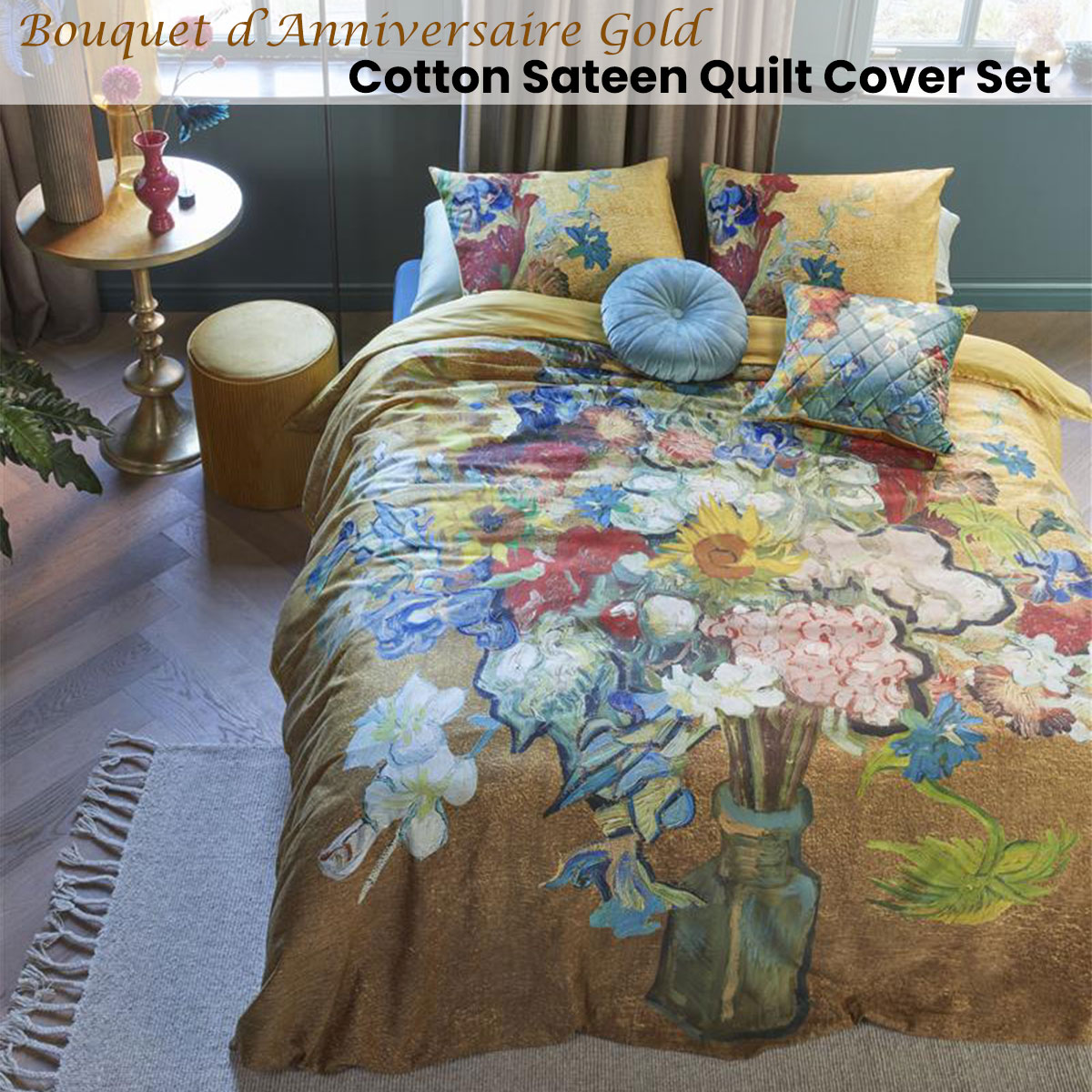 Bedding House Van Gogh Bouquet d'Anniversaire Gold Cotton Sateen Quilt Cover Set King — image 2