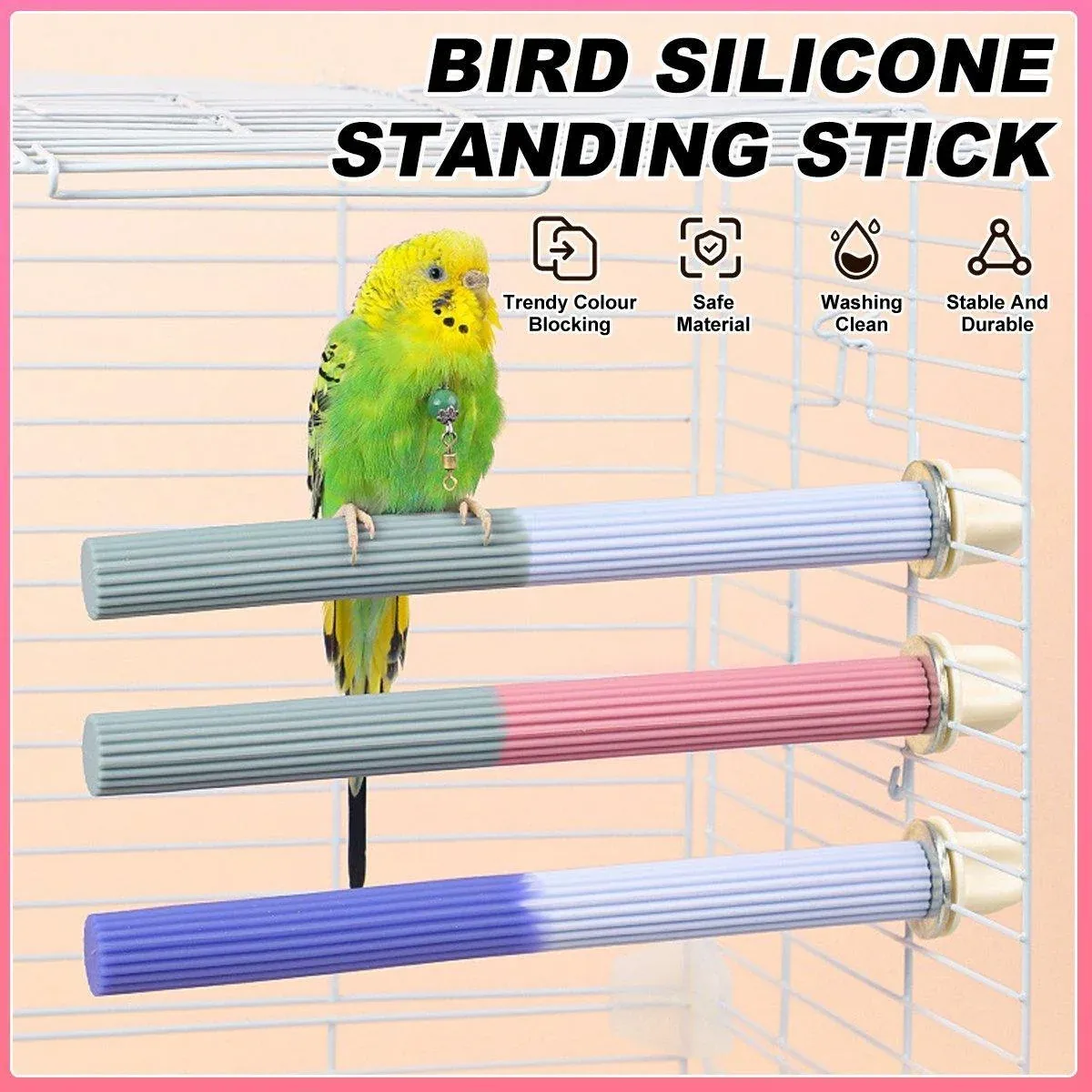 Non-Slip Silicone Parrot Perch Stand Stick Grinding Claw Bird Cage Accessories - Pink Grey โ image 2
