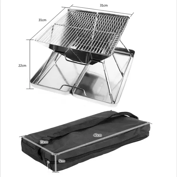 Foldable Stainless Steel Charcoal BBQ Grill with Carry Handle for Camping, Picnics, Beach Trips and Outdoor Cooking, 31 × 22 cm, Silver — image 2