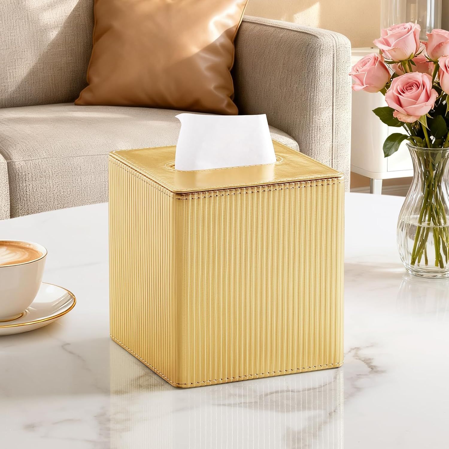 PU Leather Tissue Box Cover Square, Cube Tissue Box Holder with Magnetic Closure, Decorative Tissue Holder for Bathroom Bedroom Office (Gold, Square) โ image 2