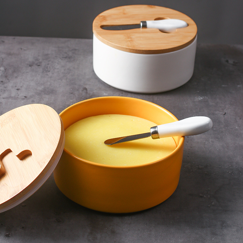 Yellow Nordic Ceramic Butter Dish with Knife - Airtight Cheese Container with Bamboo Lid, Kitchen Storage โ image 5