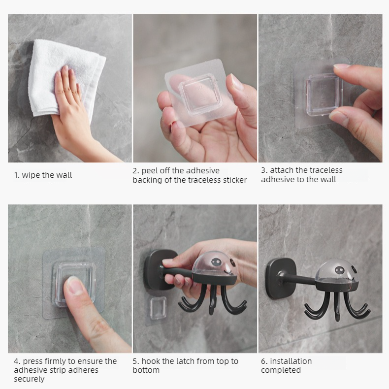 Octopus Rotating No-Drill Hook, Multi-Purpose Strong Adhesive 6-Claw Kitchen Utensil Wall Storage Rack—Gray — image 4