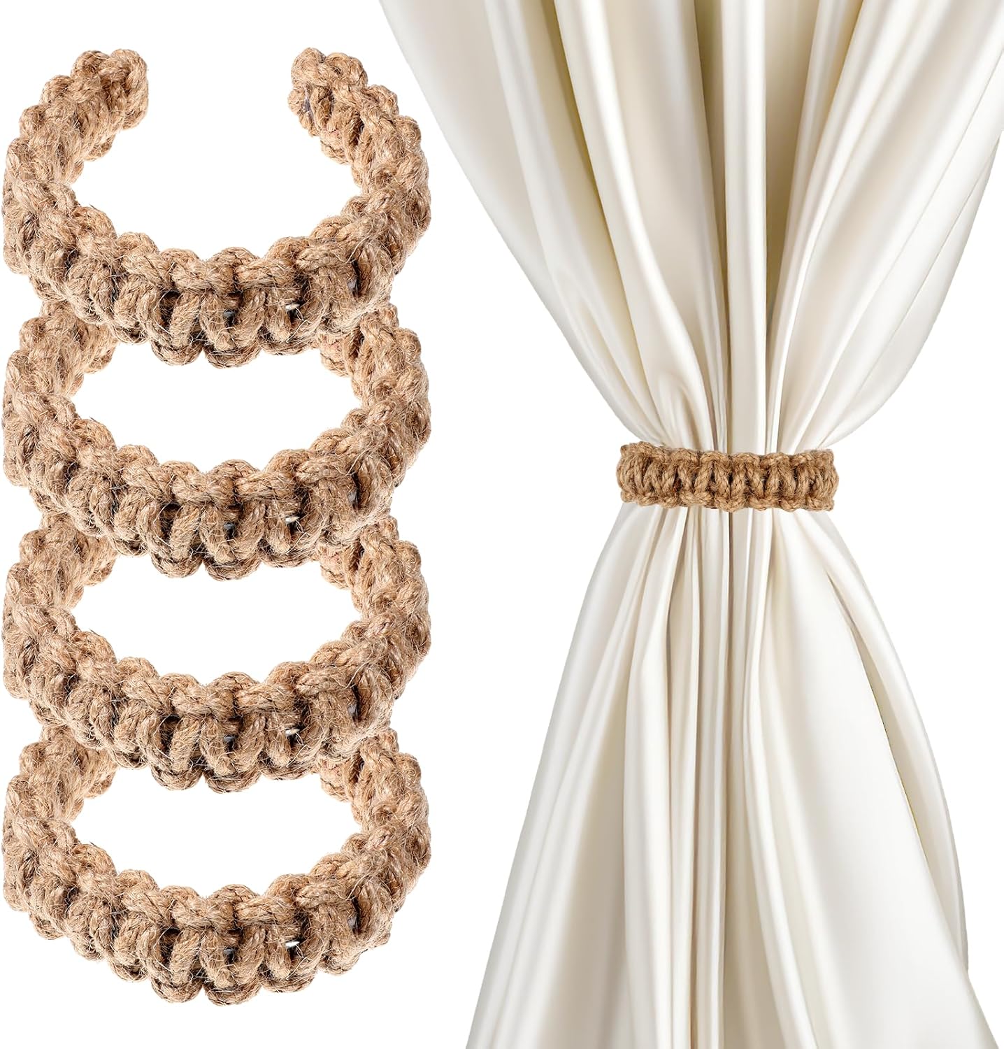 4 Pack Braided Curtain Tiebacks Boho Elegant Rustic Curtain Holdbacks Tie Backs Holders Set Simple Light Weight Drapes Decorative Accessories Handmade for Home