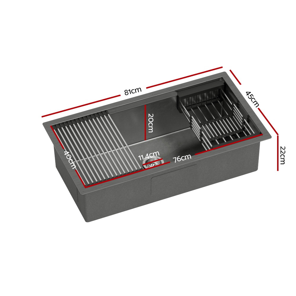 Cefito Kitchen Sink 81X45CM Stainless Steel Single Bowl Drain Rack Basket Black — image 2