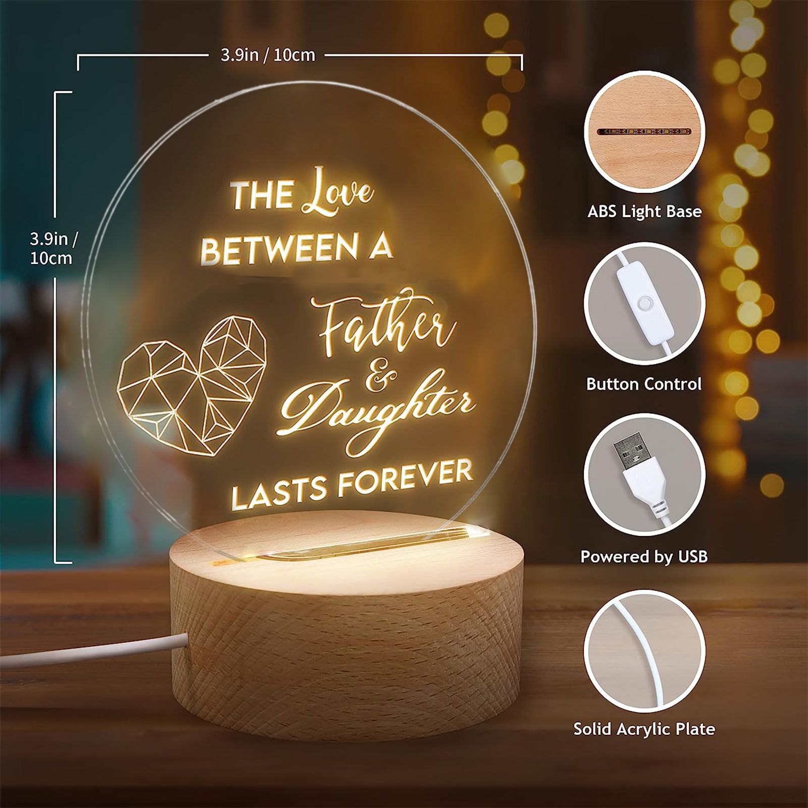 Decorative Night Light Acrylic Plate Wooden Base Warm Light Lamp for Bedroom Study Room — image 5