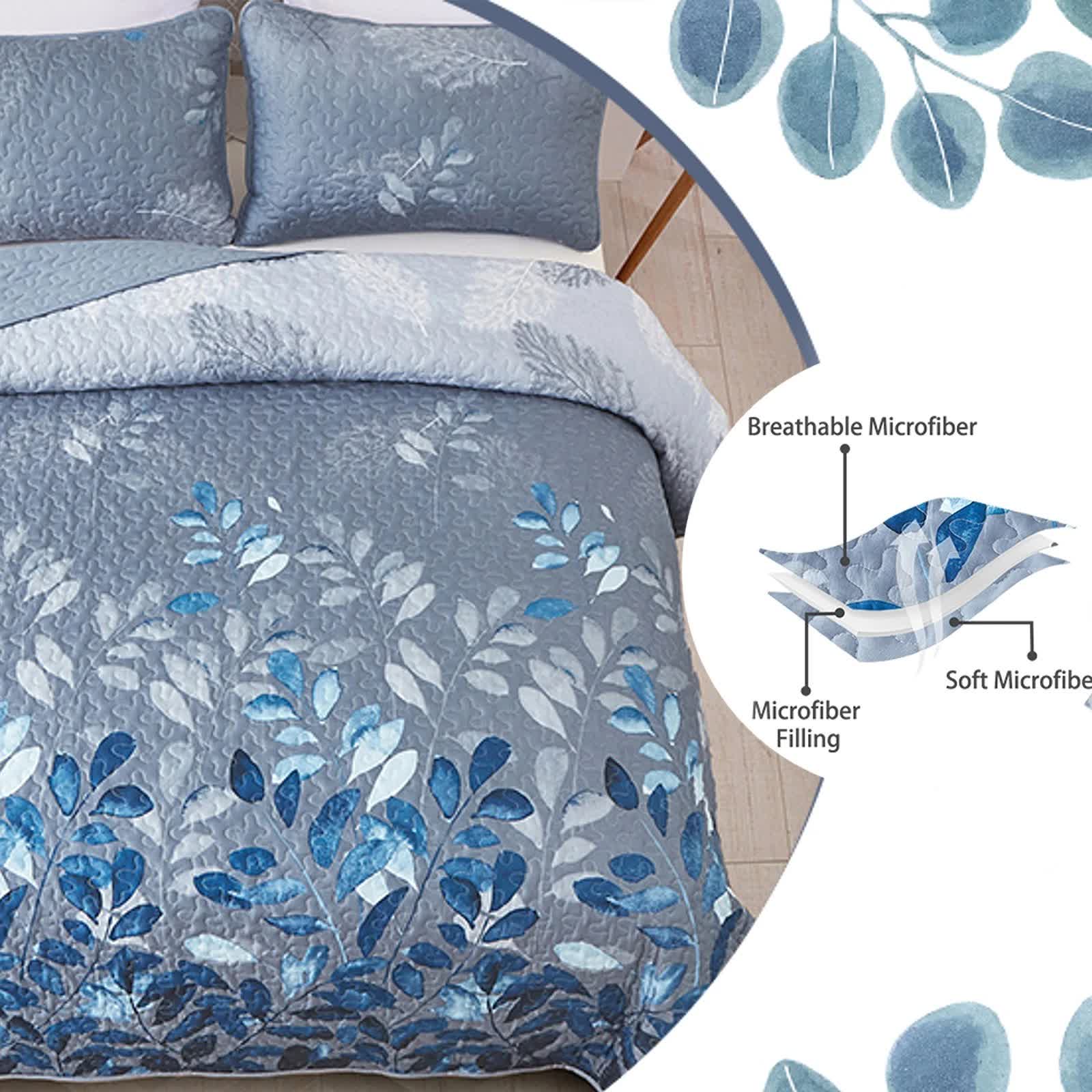 Blue Garden Coverlet Set with Quilted Floral Pattern and Pillowcases โ image 6