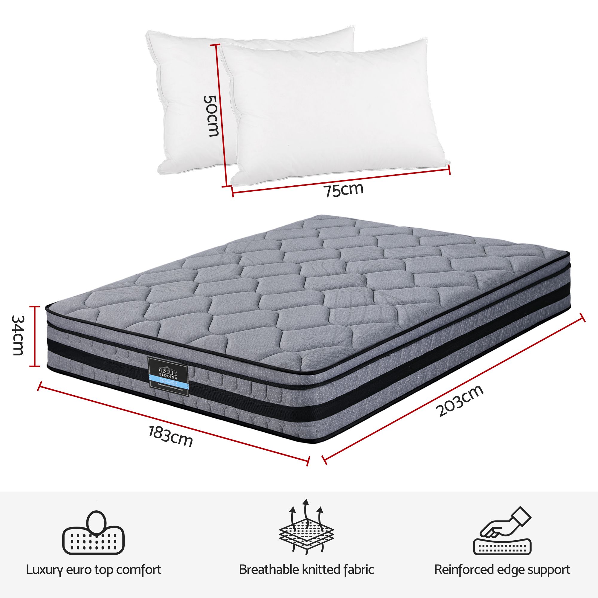 Giselle King 34cm Euro Top Pocket Spring Mattress with 2 Feather Down Pillows Set โ image 2