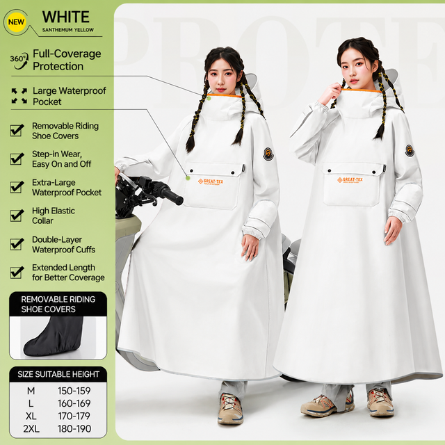 White Full Coverage & Extended Cycling Hooded Rain Poncho with Detachable Shoe Covers, XL Size – Thickened Waterproof Oxford Motorcycle Raincoat with