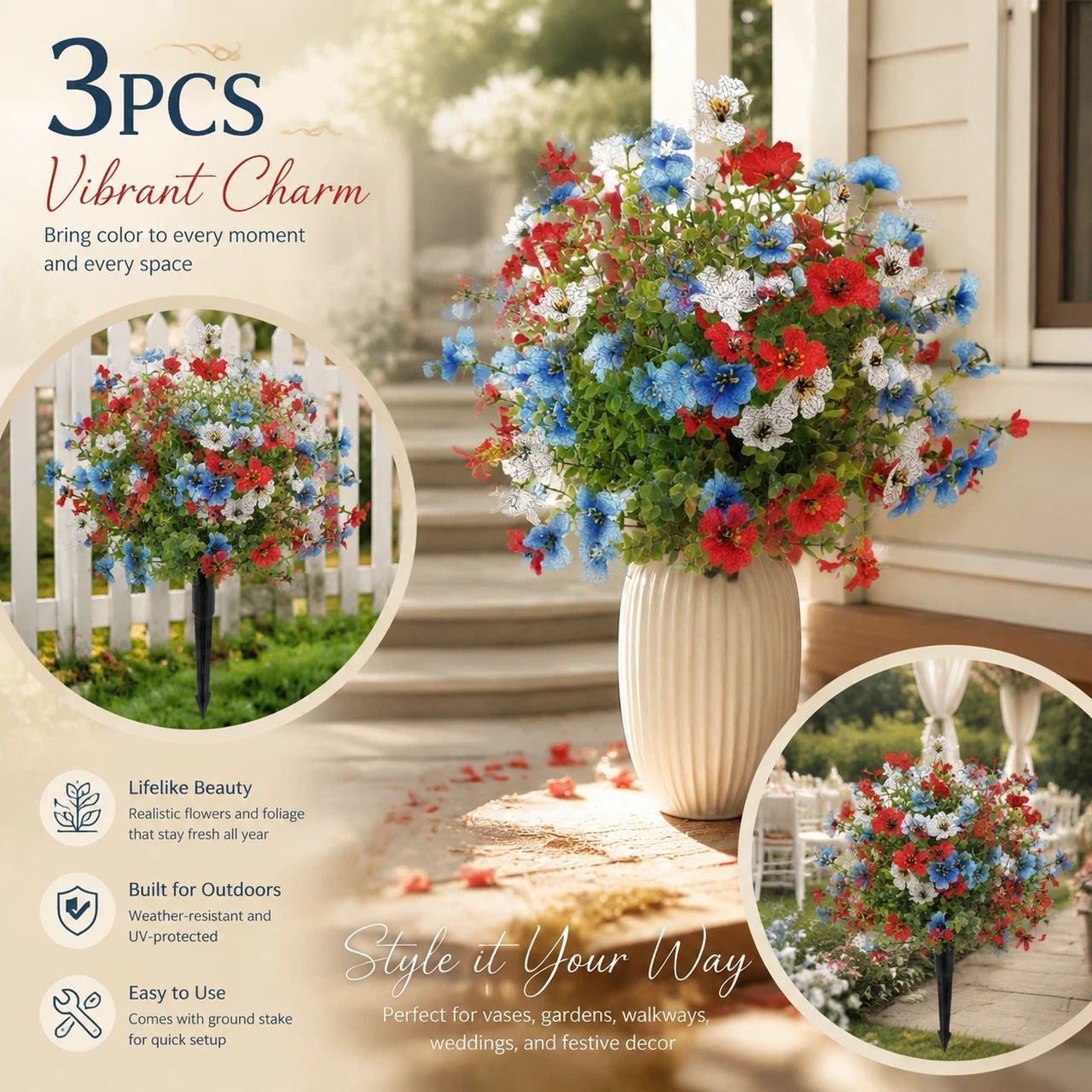 Red Blue White Mixed Artificial Stems 3 Pack Home Garden Landscape Greenery