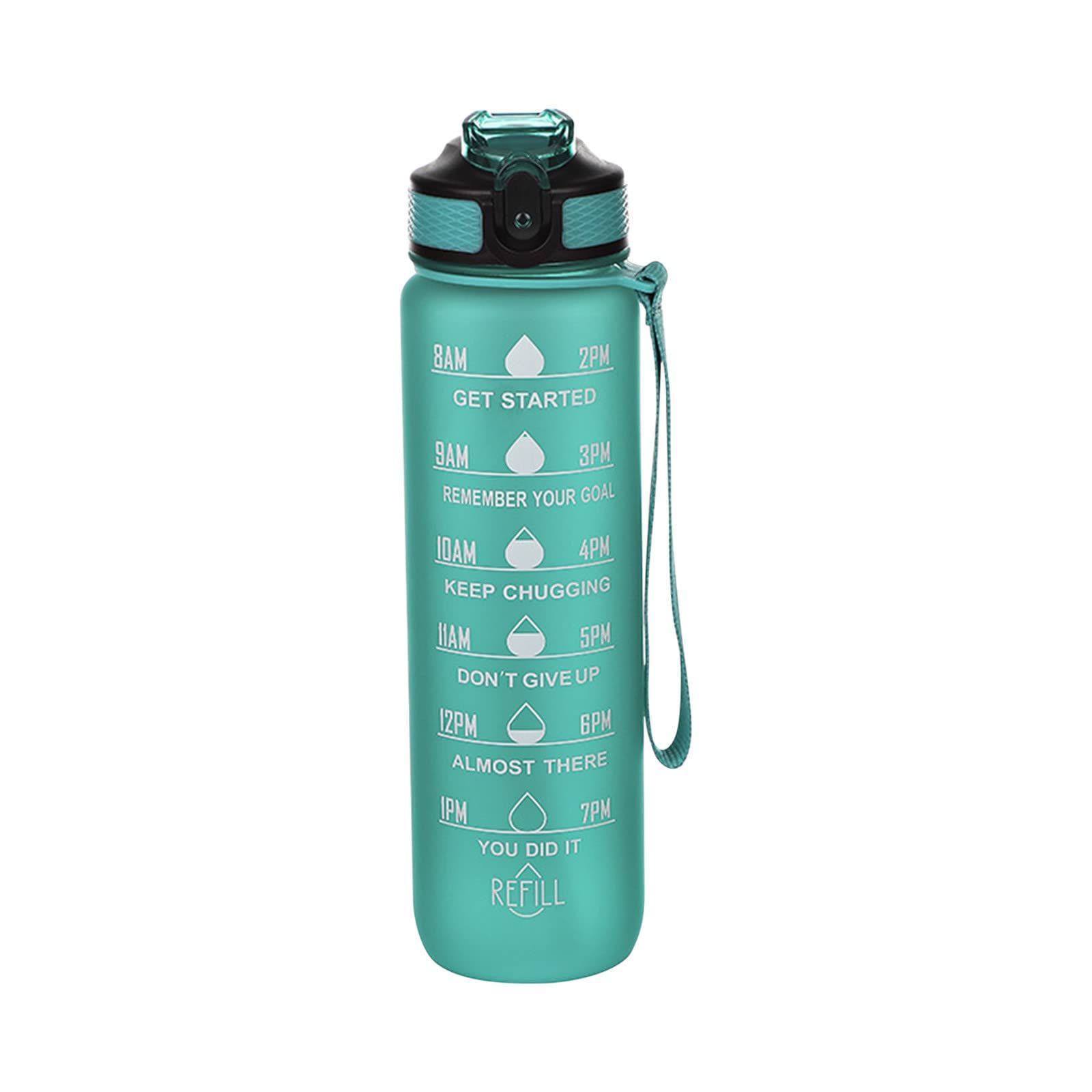 Motivational Water Bottle with Time Markings 1L Leak-proof Design Fitness Drinking Bottle with Straw Portable Sports Drink (Green)