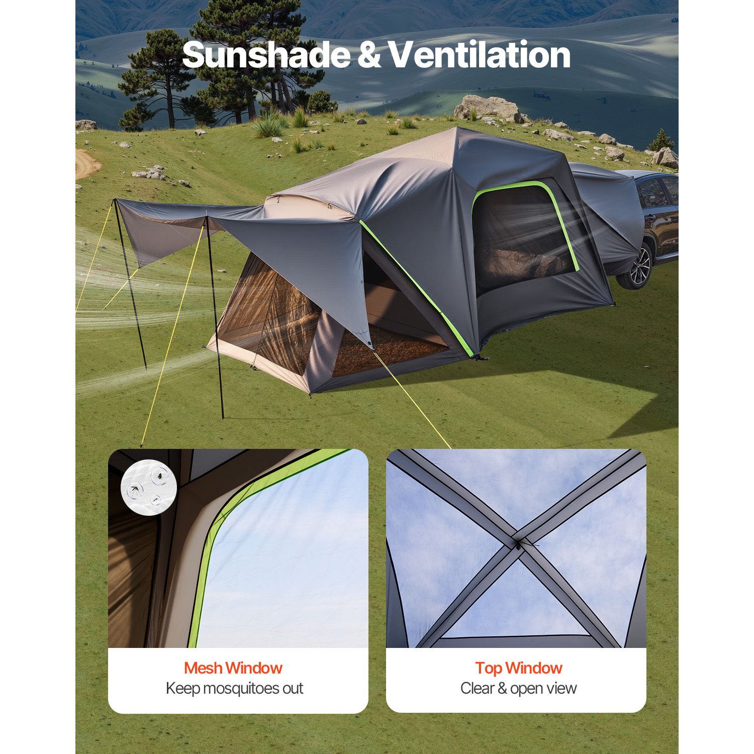 SUV Tent for Camping, 10FT L x 10FT W, Waterproof PU2000mm Spacious Double Layer Design for 5-8 Person, SUV Camping Tent with Shade Awning and Mesh Windows — image 6