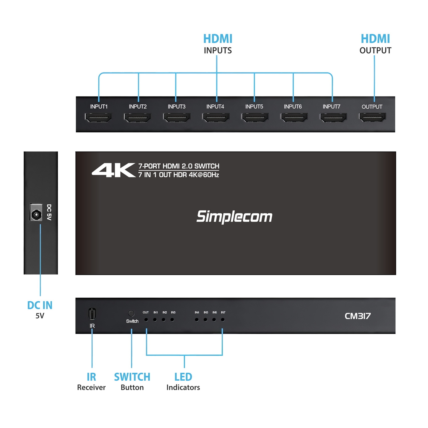 Simplecom CM317 7-Port HDMI 2.0 Switch with Remote 7 IN 1 OUT Splitter HDCP 2.2 4K@60Hz — image 3