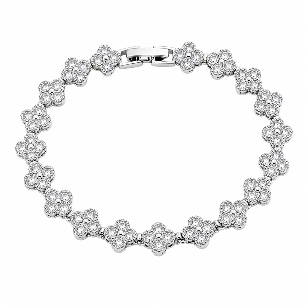 Silver and White Four-Leaf Clover Zircon Bracelet - Gold-Tone Alloy Lucky Charm Wristband with Full Crystal Pave, 22cm Elegant Fashion Jewellery for Women — image 2