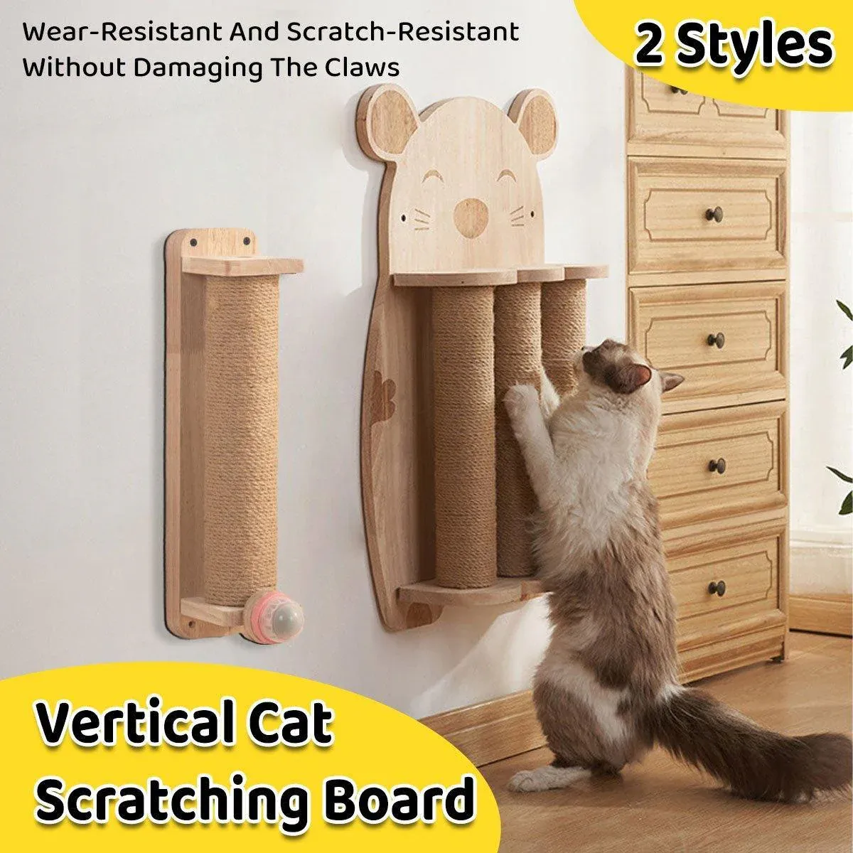 2Style Wood Wall-Mounted Natural Sisal Rope Cat Scratching Claw Grinding Pet Toy - Mouse-Solid Wood โ image 2