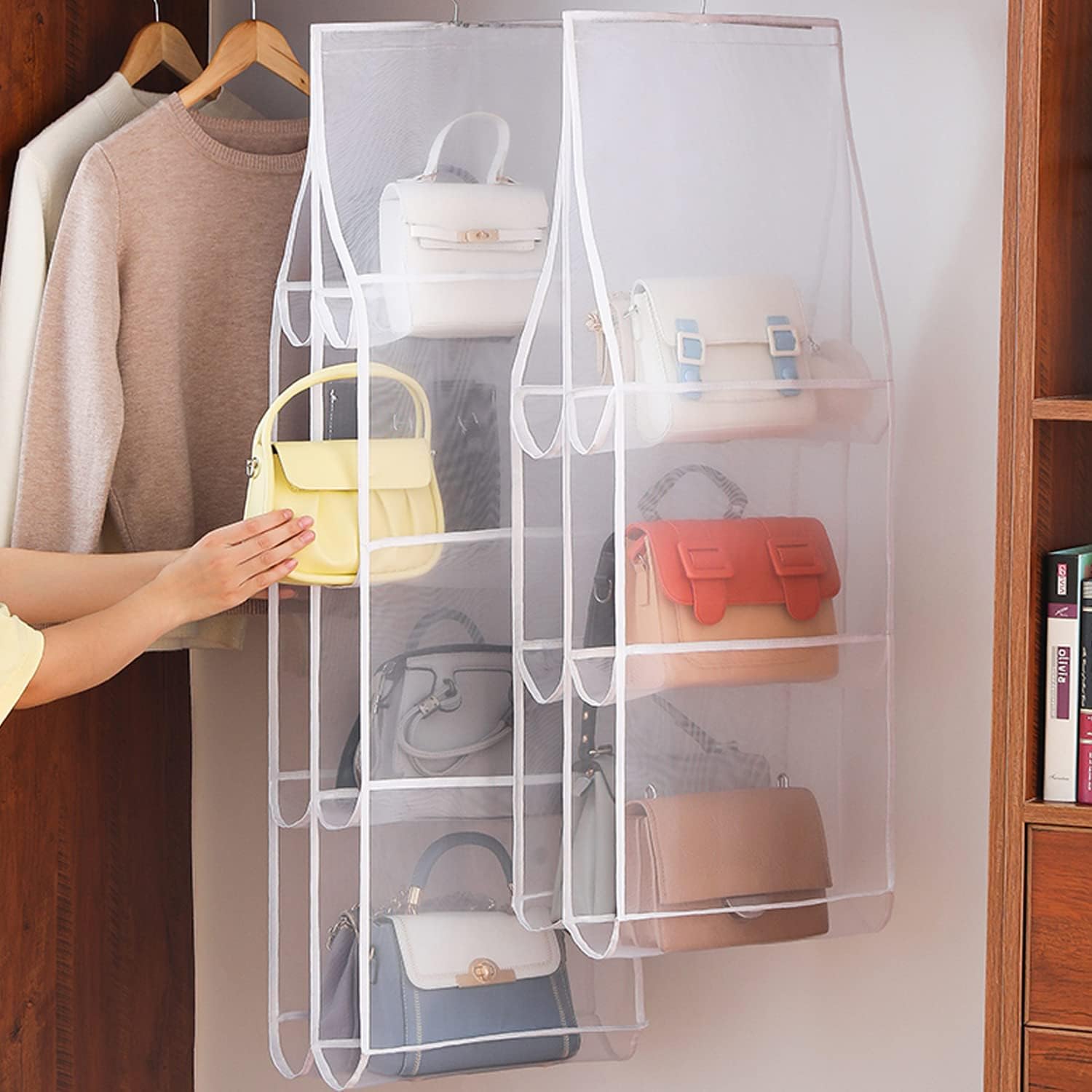 Hanging Handbag Purse Organizer, 2 Pack Transparent Hanging Closet Organizer with 8 Pockets, Washable Dust Proof Nylon Storage Bag for Closet and Wardrobe — image 5