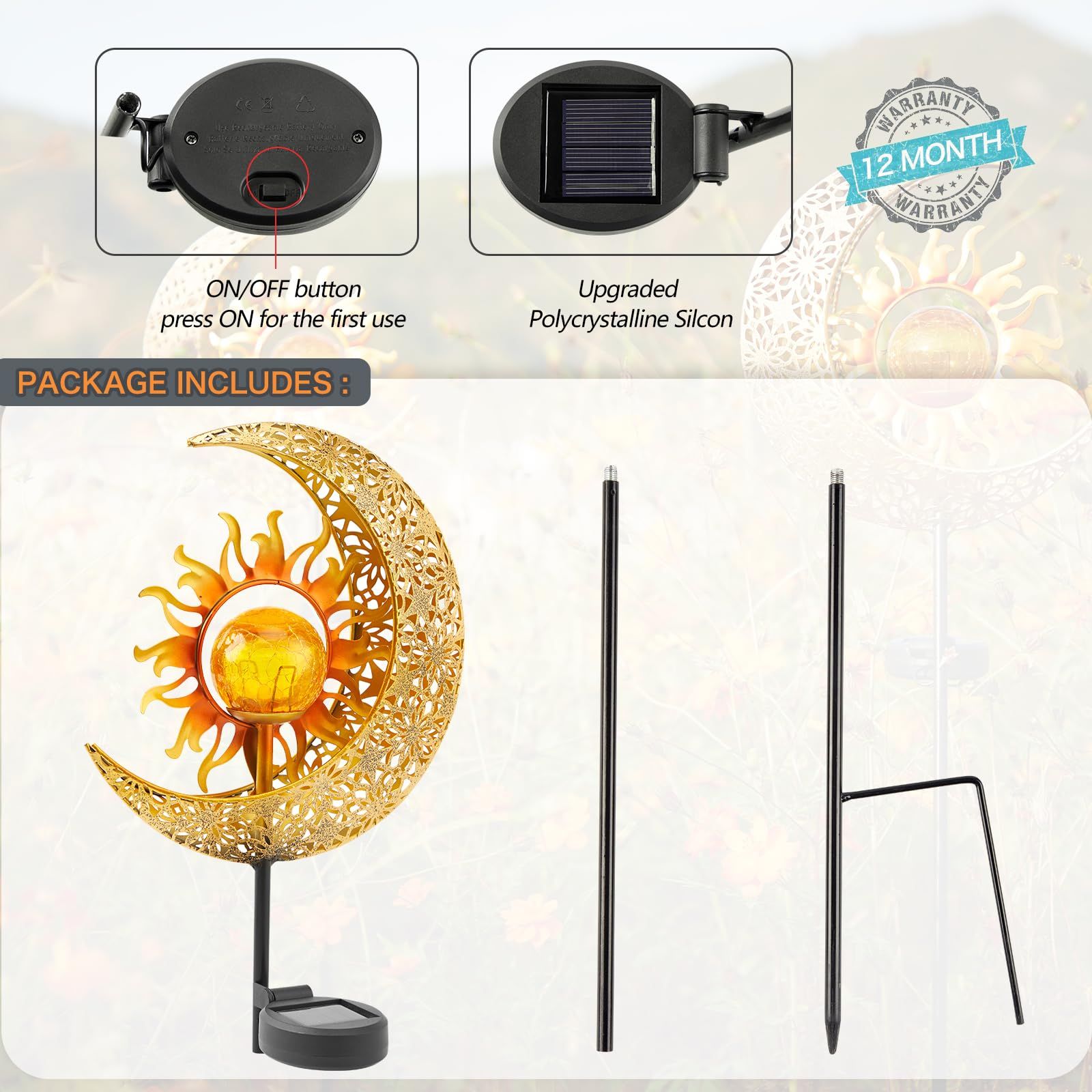 Garden Solar Lights Outdoor Decorative, Sun & Moon Crackle Glass Globe Metal Stake Light, Waterproof Warm White LED Light,(1 Pack) — image 5