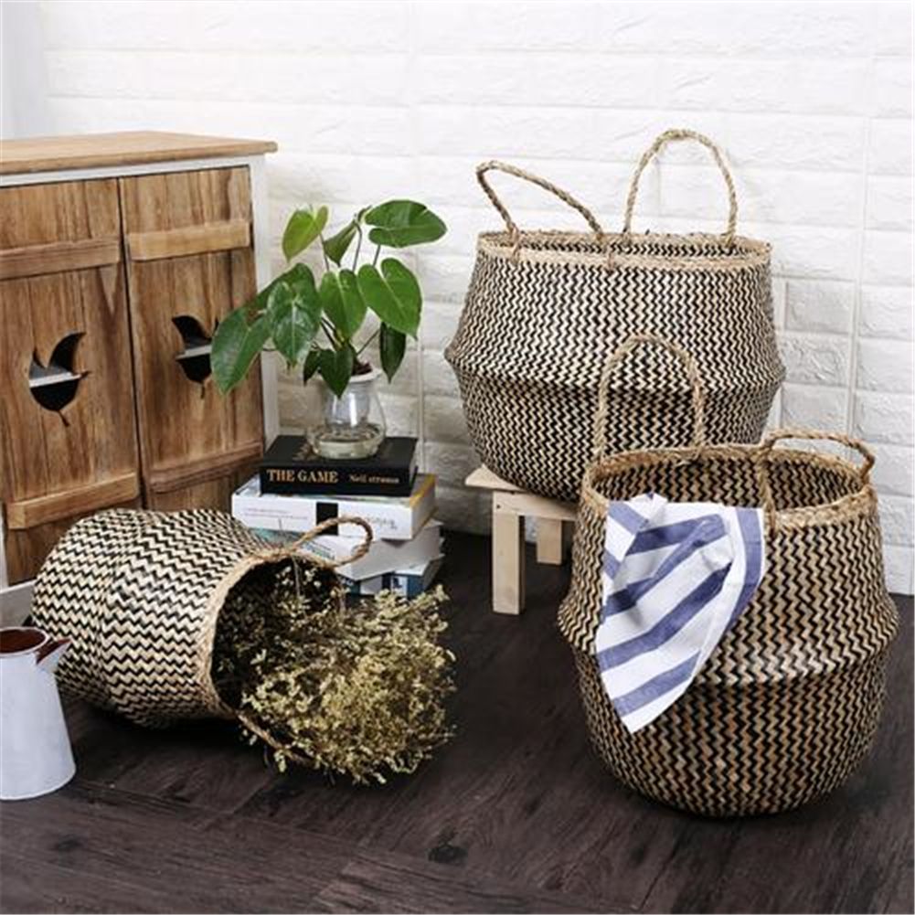 Nordic Foldable Seagrass Storage Basket Patchwork Seagrass Garden Flower Pot Planter Laundry Basket — image 5