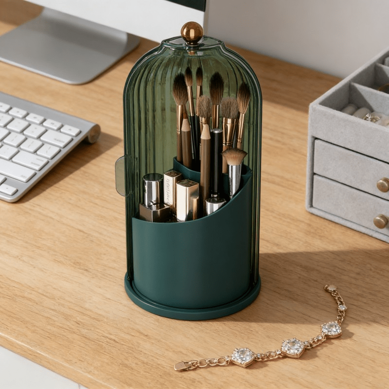 Transparent Rotating Makeup Brush Holder: 360° Rotation for Easy Access, Dust-Proof with Compartments, Neat and Portable(Transparent green) — image 3