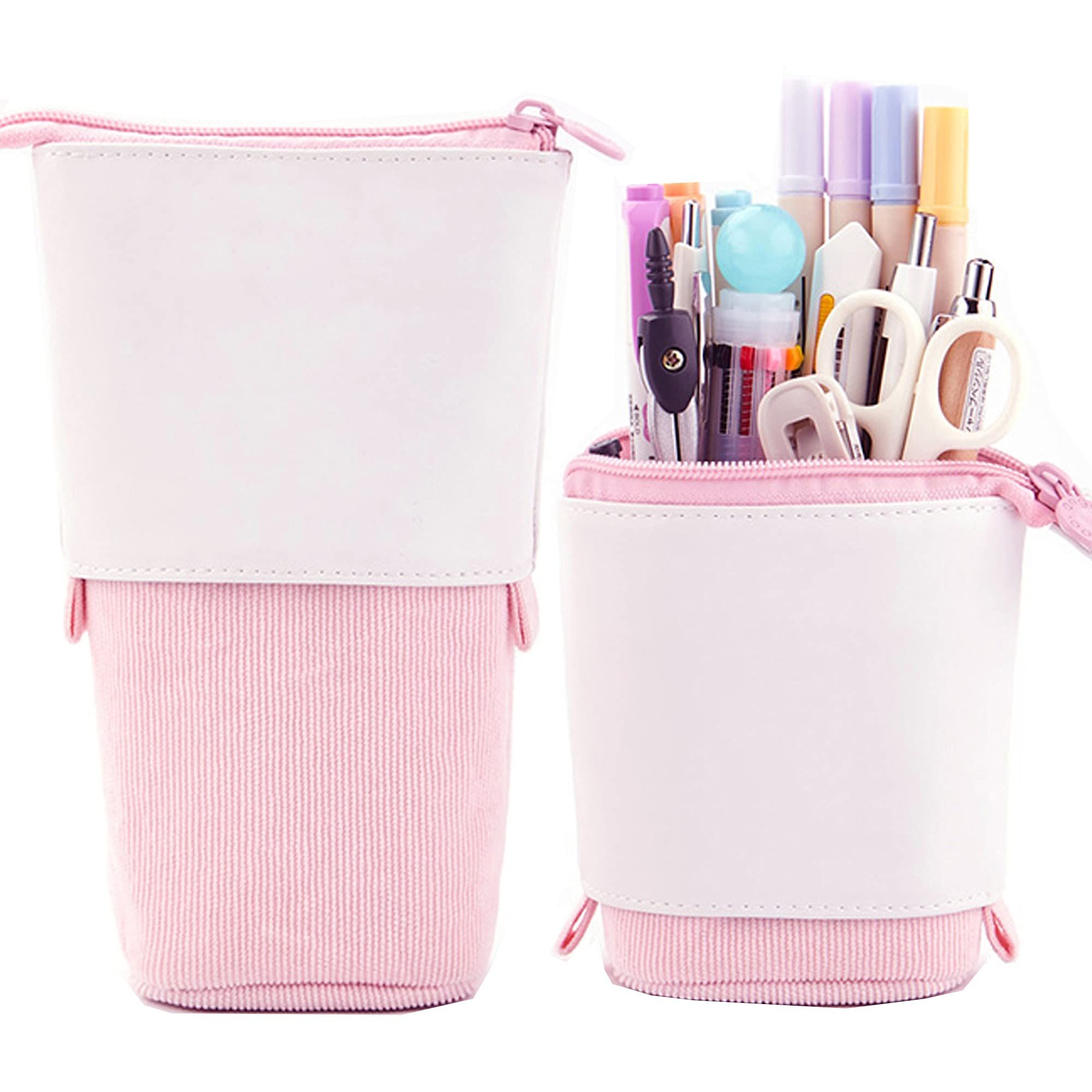 Telescopic Pencil Bag Pen Holder Stationery Case,Corduroy Stand-up Retractable Transformer Bag Colorful Organizer (2pcs)