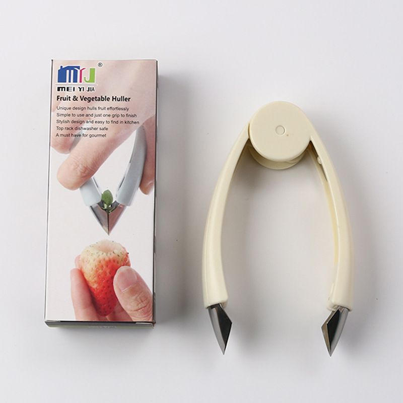 Stem Remover Tool for Strawberry, V Shape Fruit Huller Clip, Portable Berry Leaf Corer Picker for Kitchen-Cream — image 2