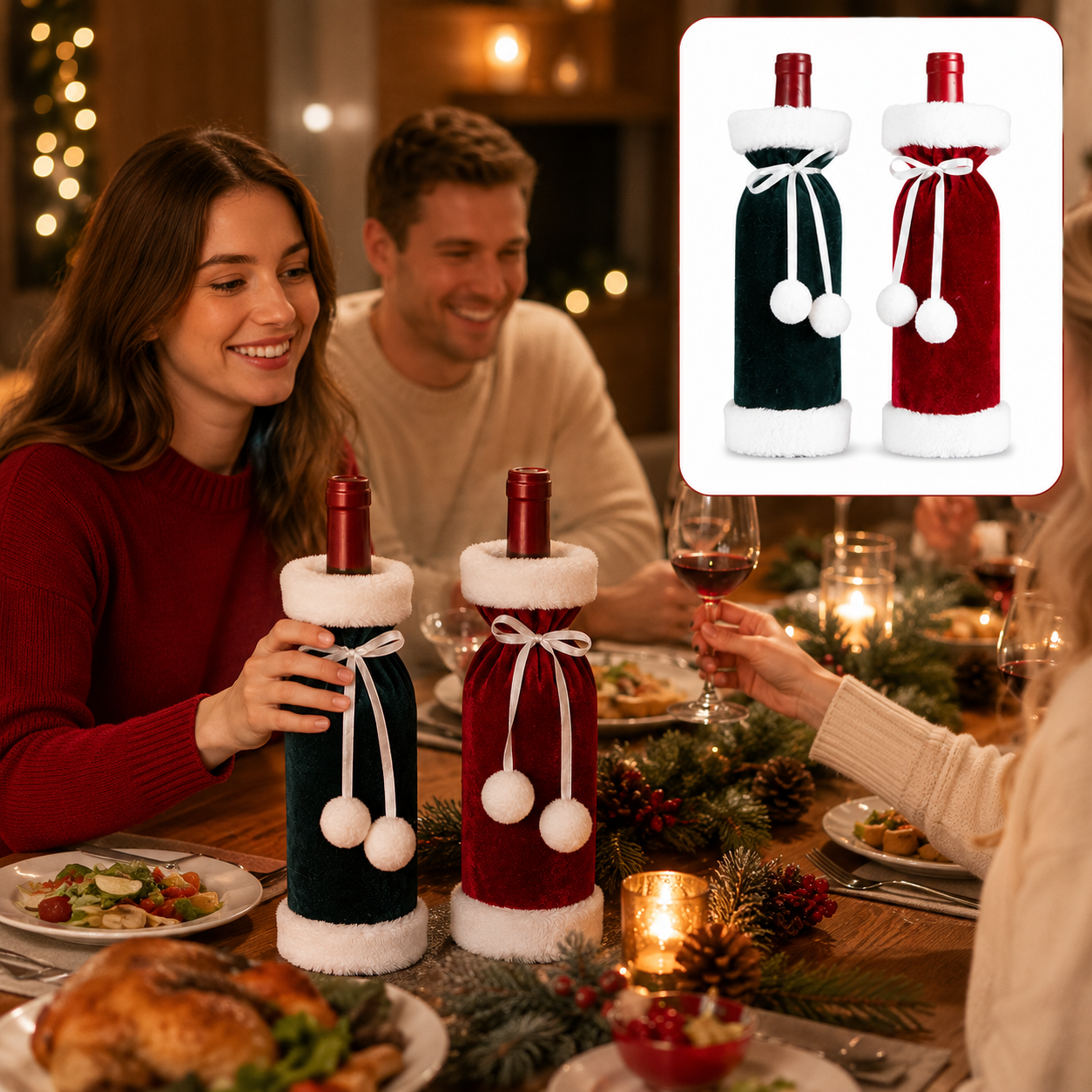 2 Pack (Red+Green) Christmas Velvet Wine Bottle Covers with Faux Fur Trim Reusable Wine Bottle Gift Bags for Holiday Table Decor and Christmas Party โ image 3