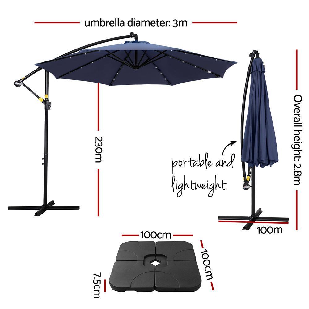 Instahut Outdoor Umbrella 3M Cantilever Beach LED w/Base Garden Shade Patio Navy — image 2