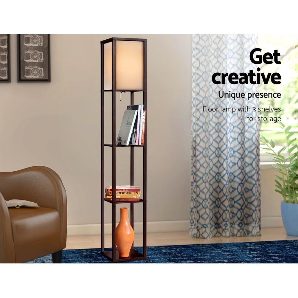 Artiss Floor Lamp 3 Tier Shelf Storage LED Light Stand Home Room Vintage Brown — image 4