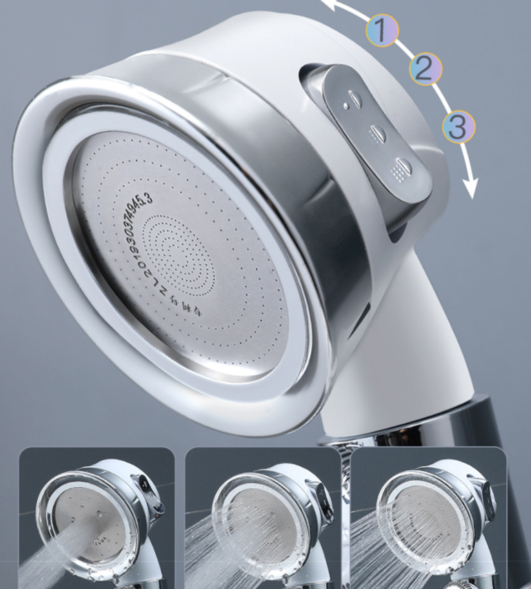 Large Pressurized Handheld Shower Head, Three-stage Water Stop Shower Head ( Without Vibrating Head (No Filter Cotton)), White Finish — image 2