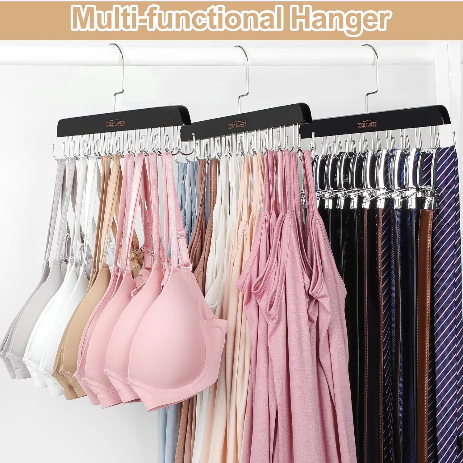 TOPIA HANGER Bra Hanger for Closet, 2 Pack Tank Top Hangers 40 Hooks Capacity Foldable Wood Space Saving Hangers Closet Organizer for Tank Top, Bra, Scarf — image 5