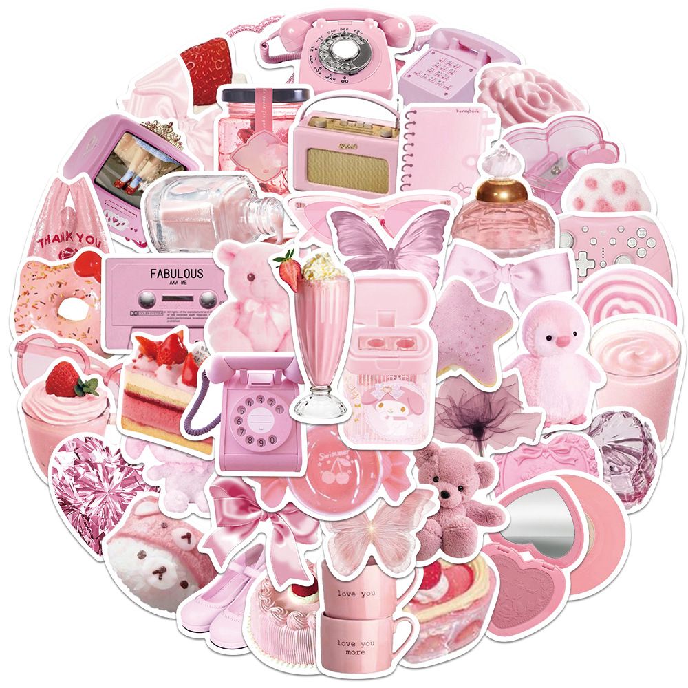 50Pcs Ins Fresh Girlish Style Pink Tone Waterproof Stickers, Cute Aesthetic Stickers. Decorative Stickers for Water Bottles, Case — image 2