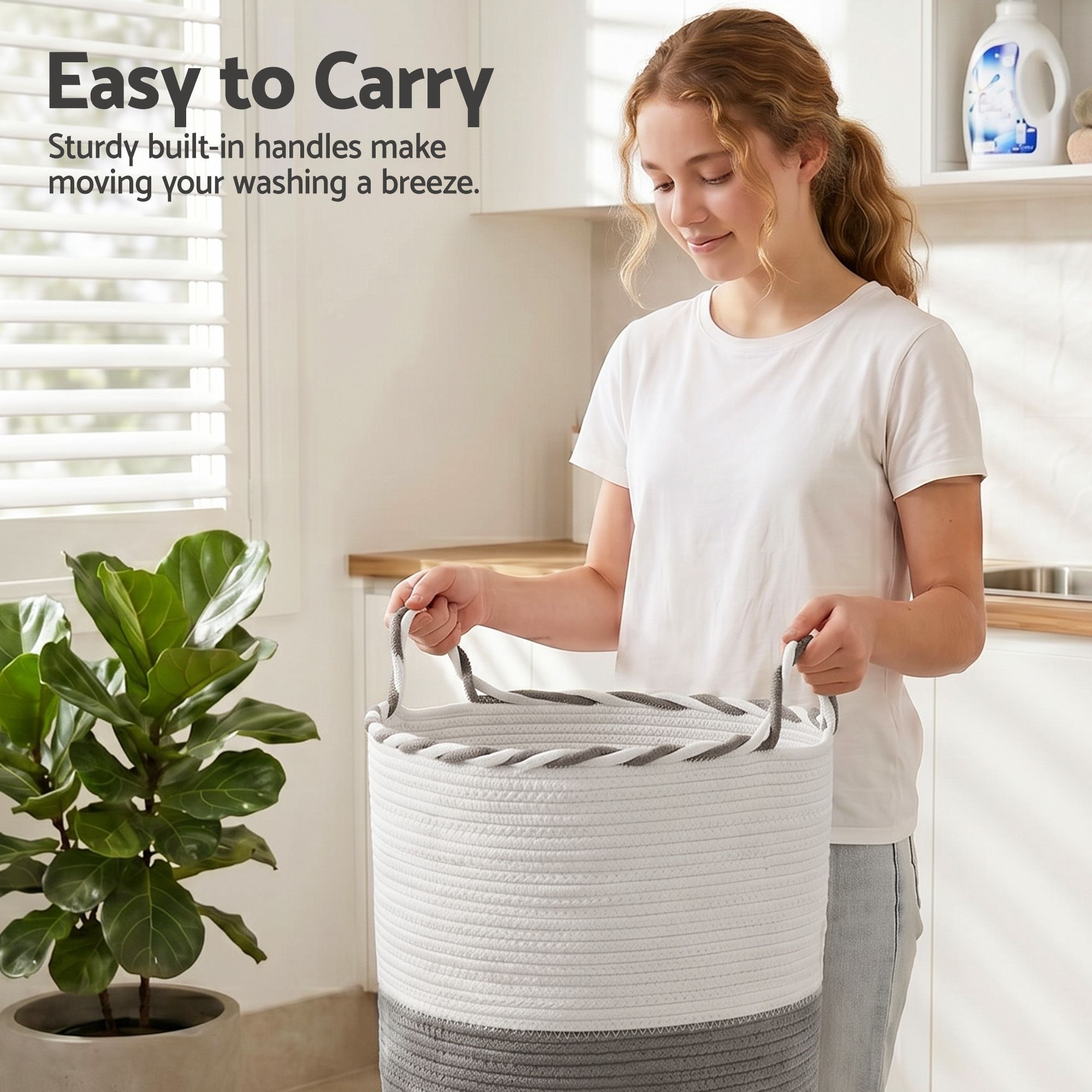 Artiss Woven Laundry Basket with handles Foldable White & Grey โ image 5