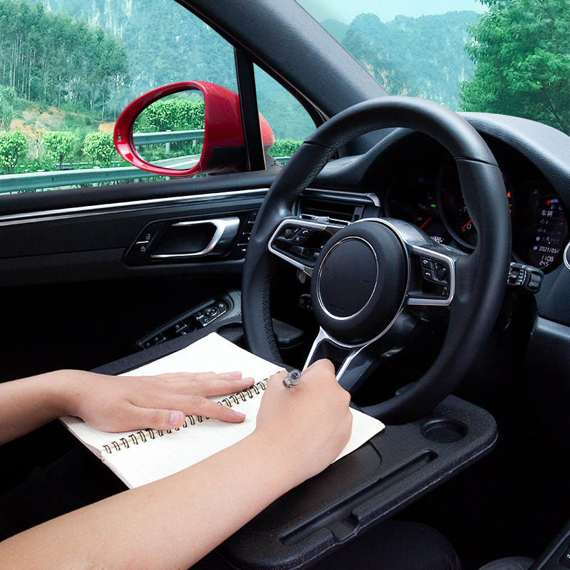 Black Multi-Functional Car Steering Wheel Tray - Portable Auto Desk for Eating, Laptop, and Drink Holder (42x28CM) — image 5