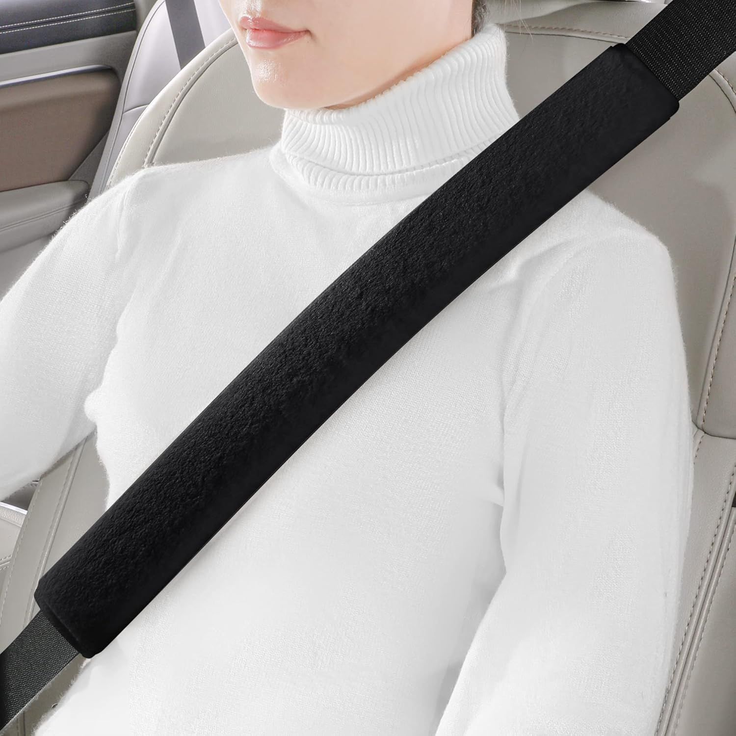Extra Long Plush Seatbelt Shoulder Pad, Super Soft Furry Thick Car Seat Belt Strap Cushion, Universal Auto Interior Accessory, 1 Pack Black, Fixed Length 50cm