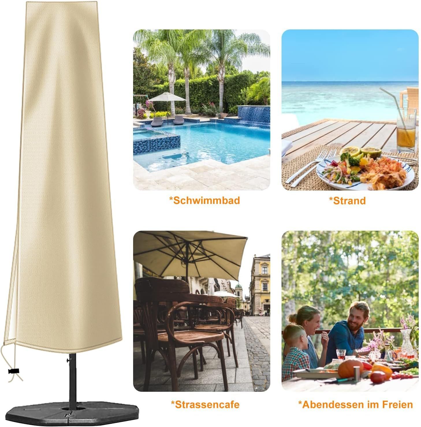 Waterproof 600D Parasol Cover with Zipper, Drawstring and Storage Pouch for Cantilever and Standing Parasols, Khaki, 190 × 50 × 30 cm — image 4