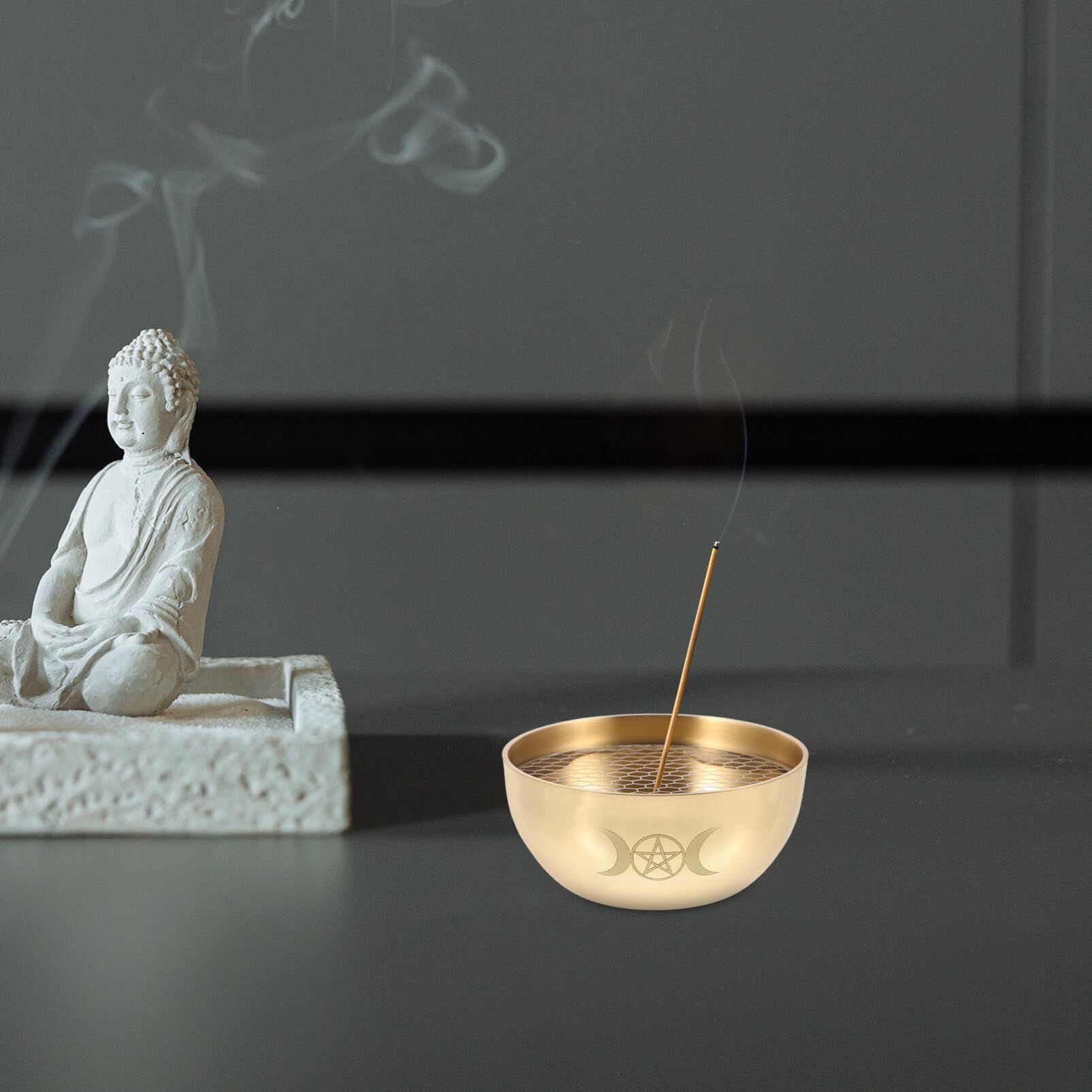 1 Set Triple Moon Pentacle Brass Offering Bowl Holy Water Bowl Incense Burner Smudging Bowl Decoration Bowl — image 3